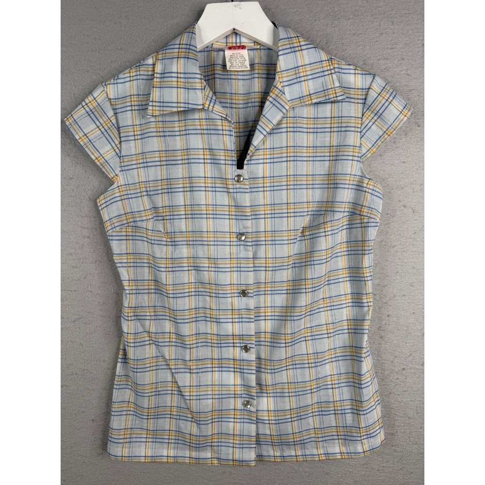 H Bar C Western Top Women‎ S Blue Plaid Metallic Pearl Snap Cap Sleeve VTG RARE